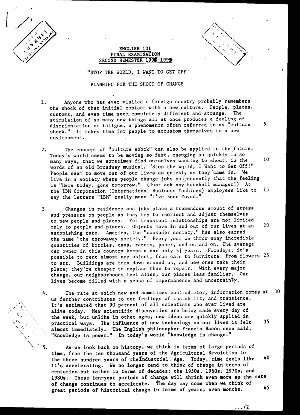ENG 101 Final, Spring 1999, page 1