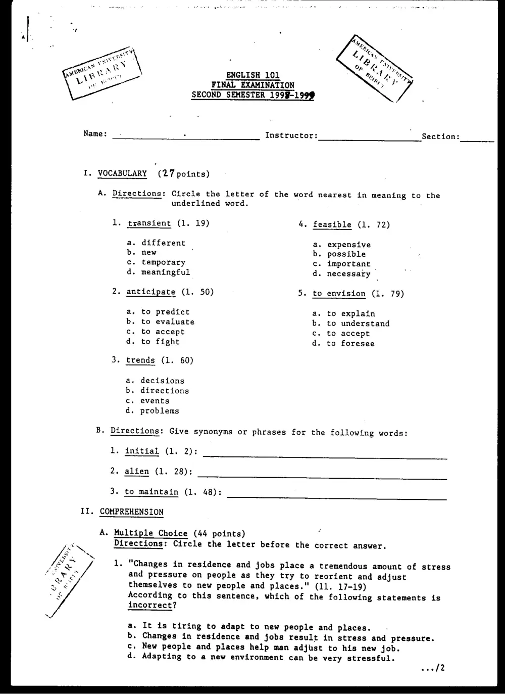 ENG 101 Final, Spring 1999, page 3