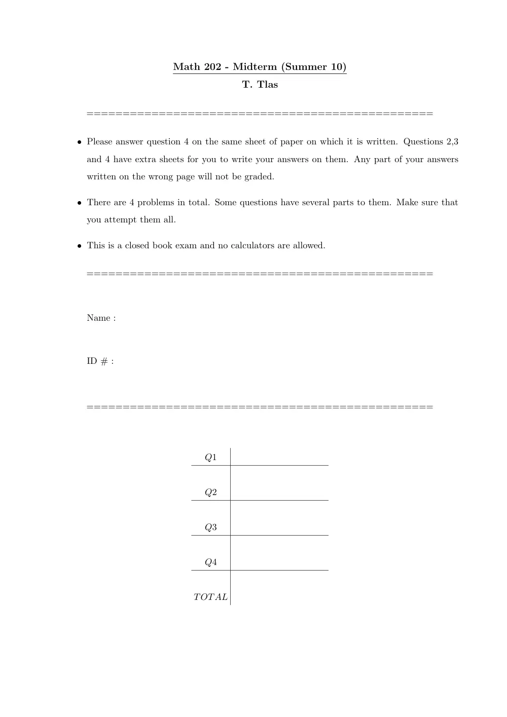 MATH 202 Midterm, Summer 2010, page 1