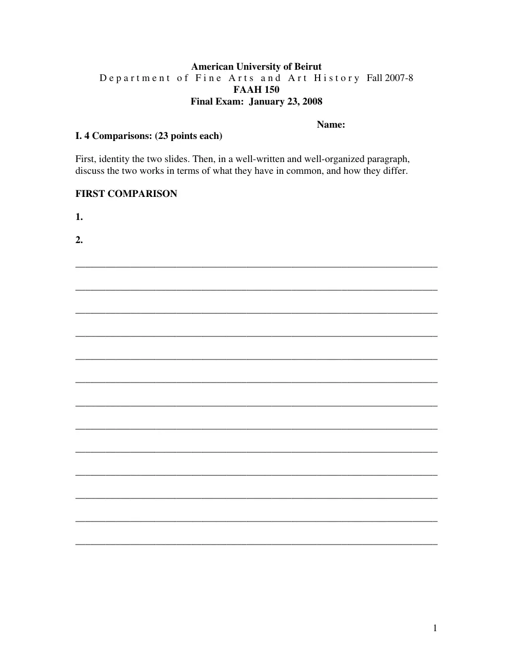 FAAH 150 Final, Fall 2007, page 1