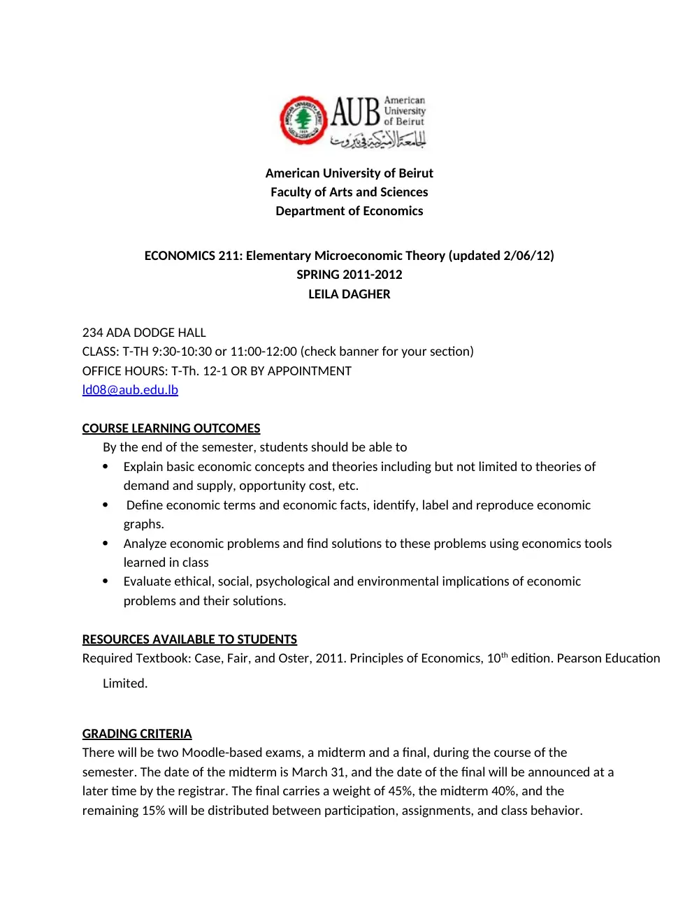 ECON 211 Syllabus, Spring 2012, page 1