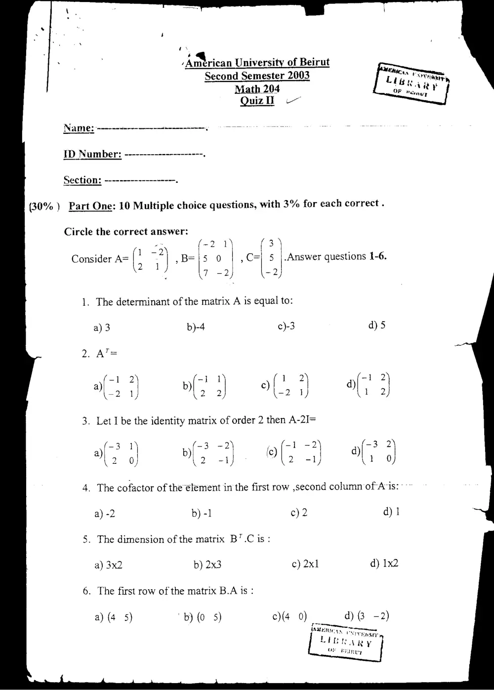 MATH 204 Exam 2, Spring 2003, page 1