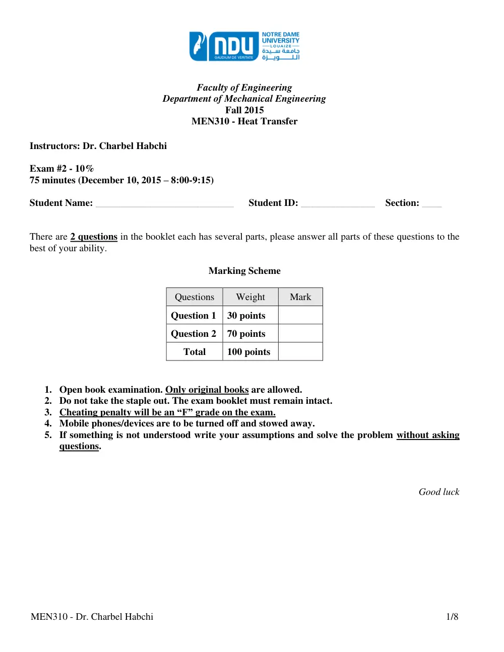 MEN 310 Exam 2, Fall 2015, page 1