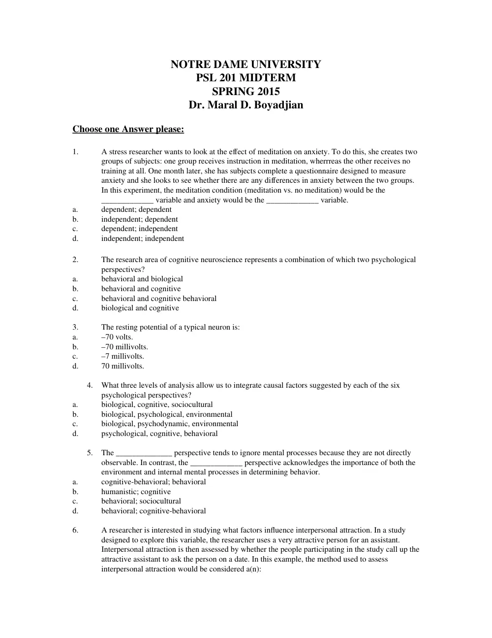 PSL 201 Midterm, Spring 2015, page 1