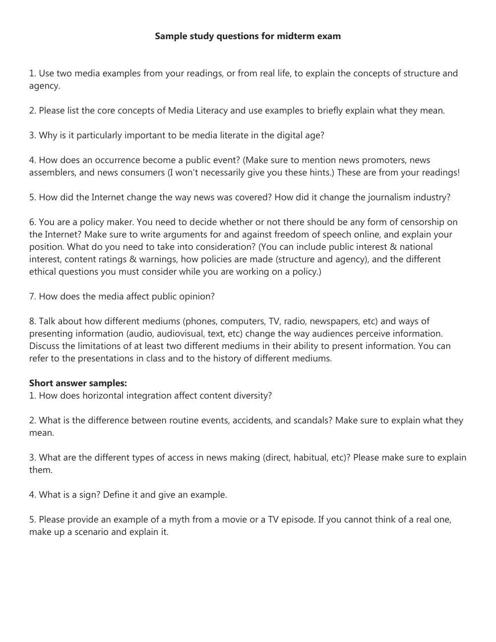 MCOM 201 Questions For Midterm (Samples), Spring 2014, page 1