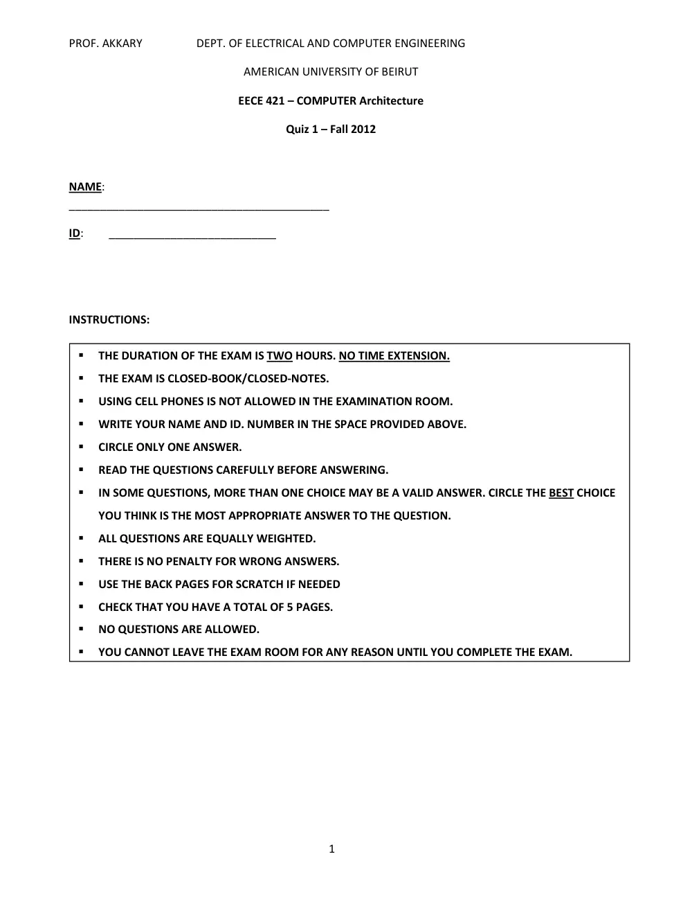EECE 421 Exam 1, Fall 2012, page 1