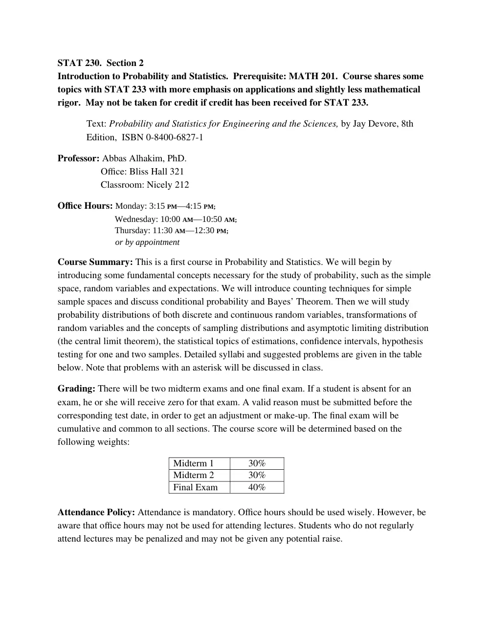 STAT 230 Syllabus, Fall 2013, page 1