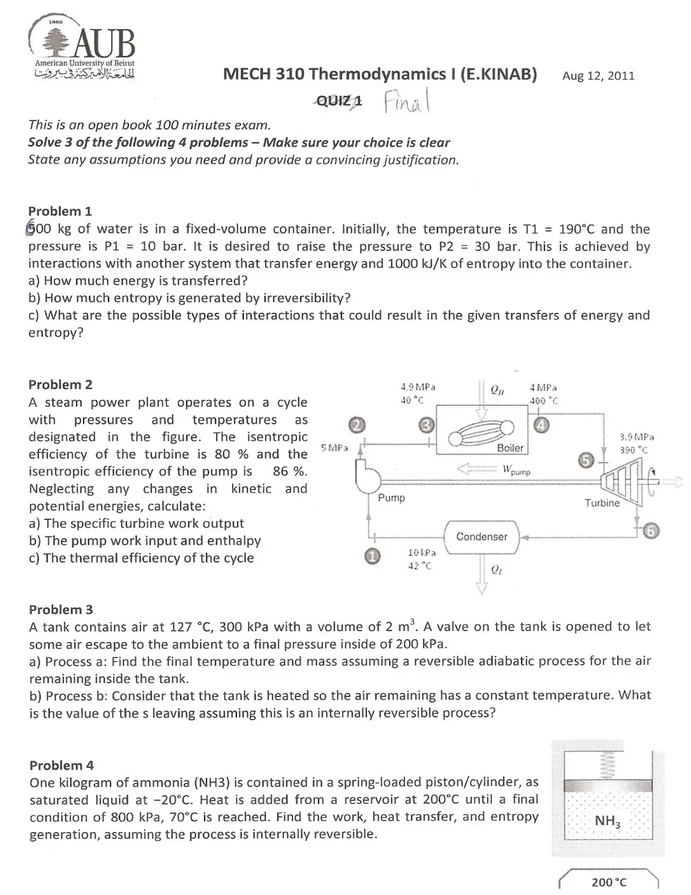 MECH 310 Final, Summer 2011, page 1
