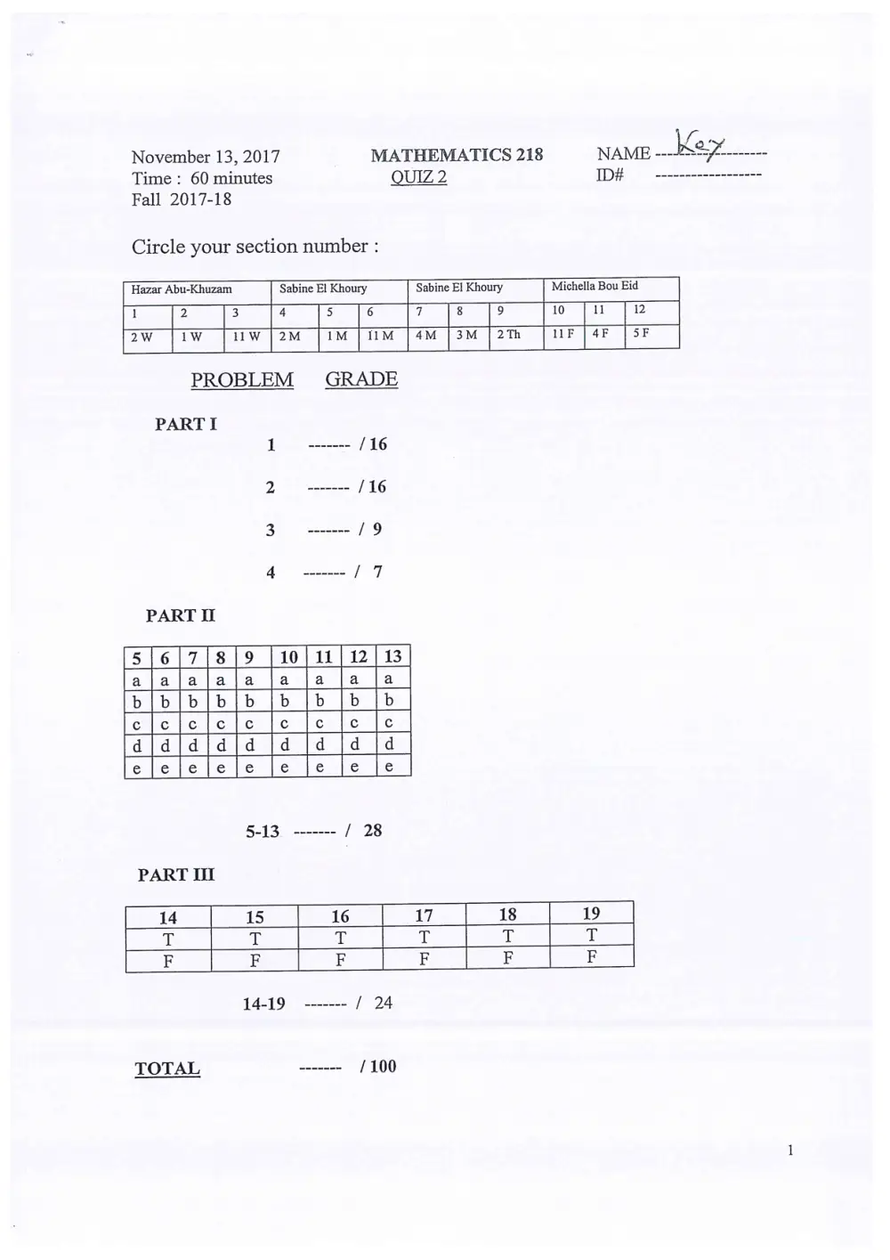 MATH 218 Exam 2, Fall 2017, page 1