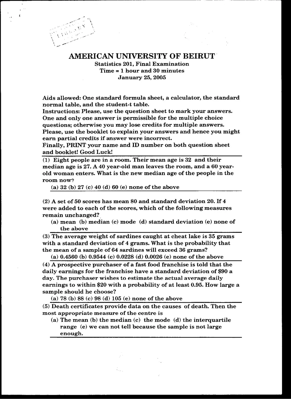 STAT 201 Final, Fall 2004, page 1