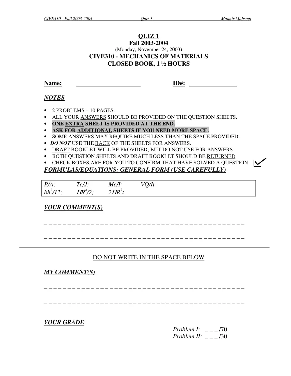 CIVE 310 Exam 1, Fall 2003, page 1
