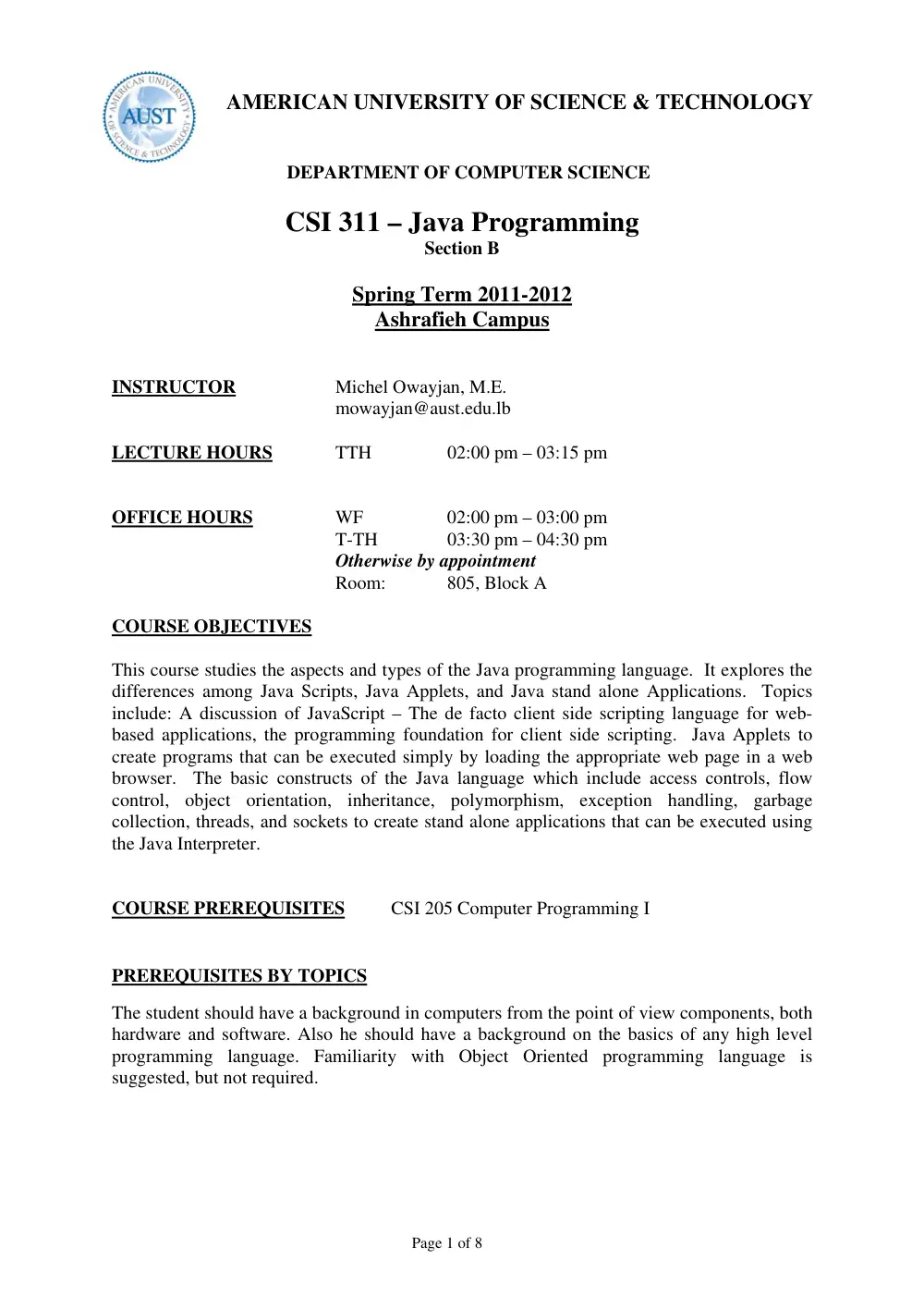 CSI 311 Syllabus, Spring 2012, page 1