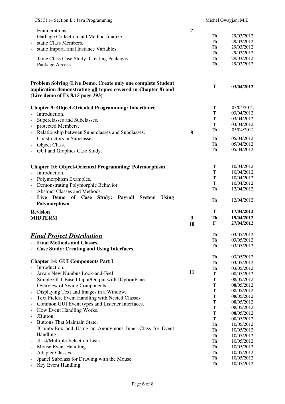 CSI 311 Syllabus, Spring 2012, page 6