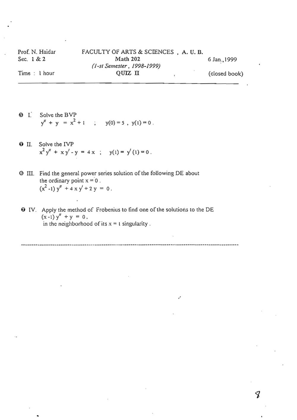 MATH 202 Exam 2 with Solution, Fall 1998, page 1