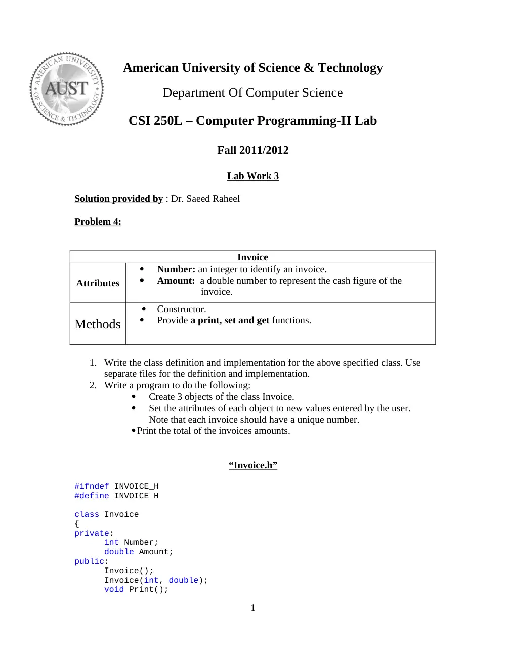 CSI 250L Lab 3 Solution, Spring 2012, page 1