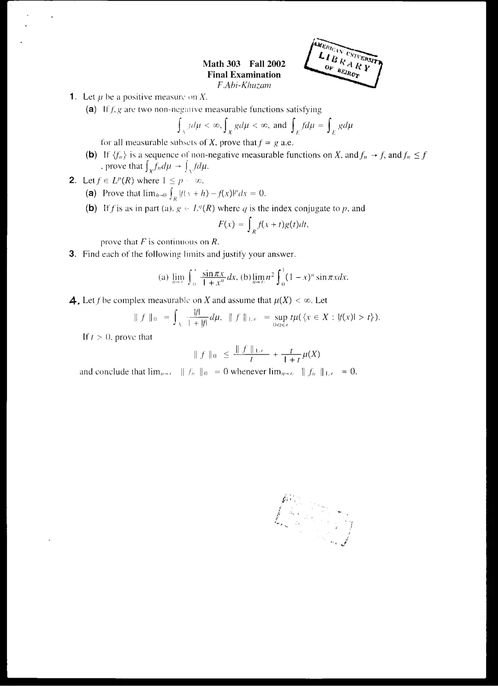 MATH 303 Final, Fall 2001, page 1