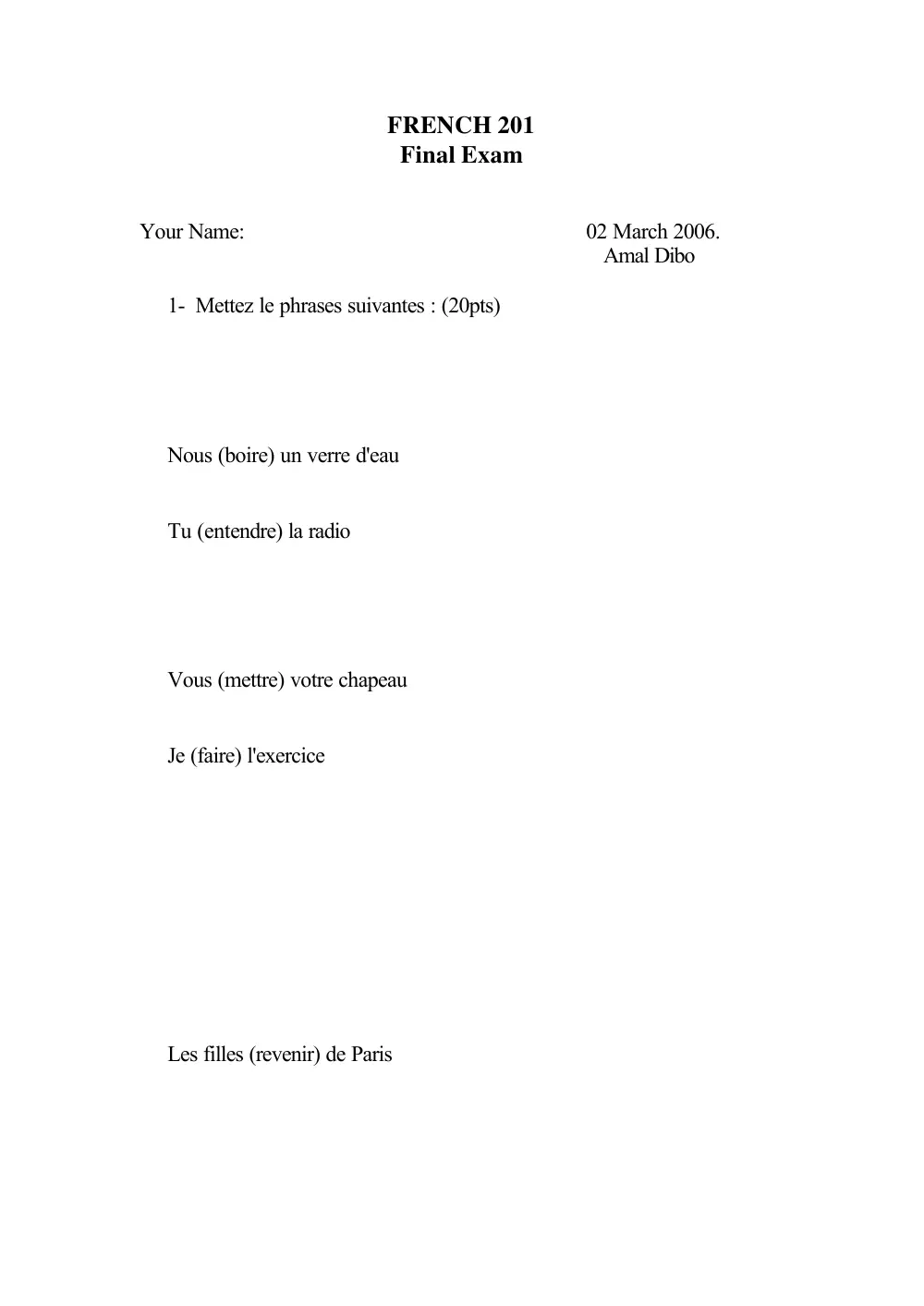 FREN 201 Final, Fall 2005, page 1