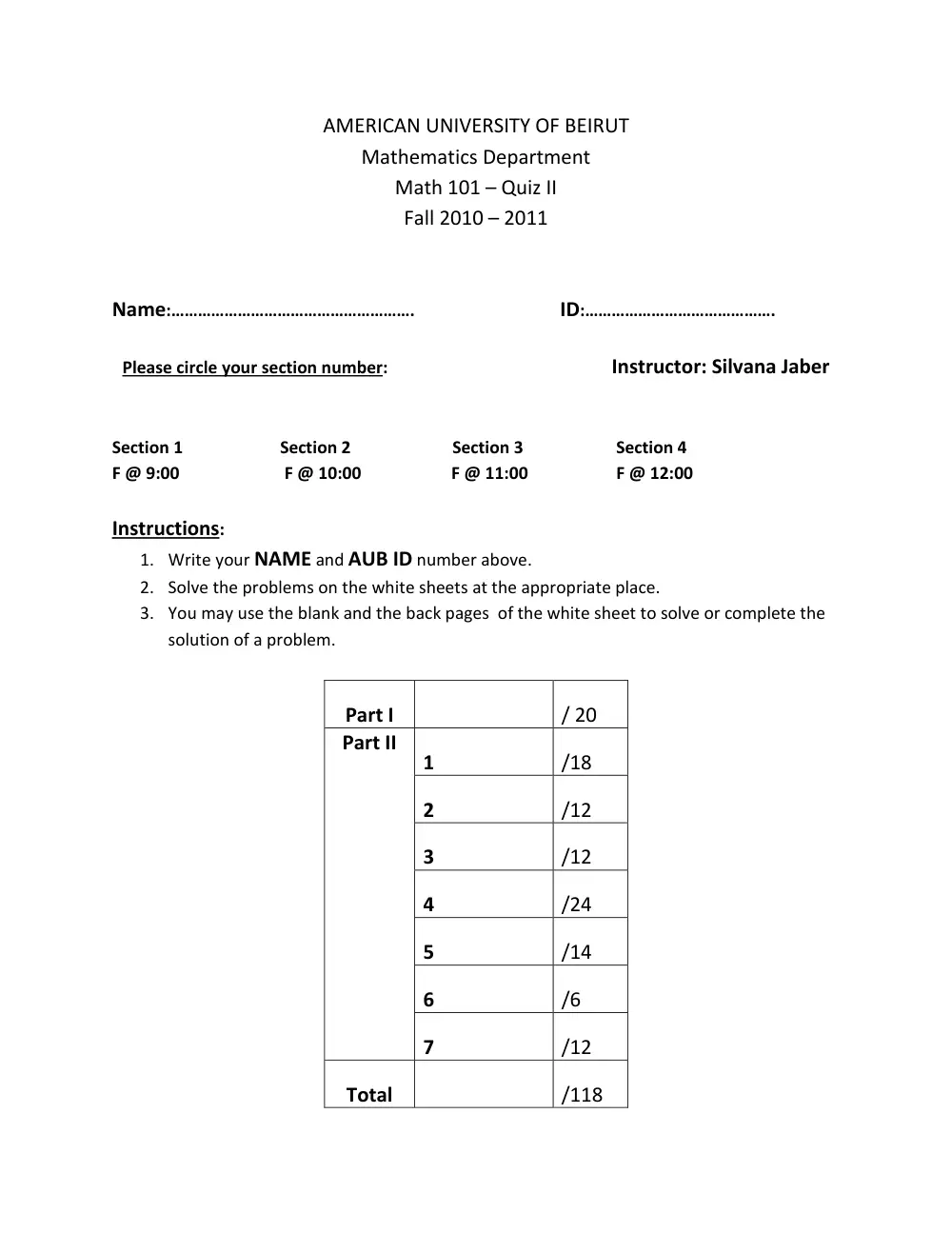 MATH 101 Exam 2, Fall 2010, page 1