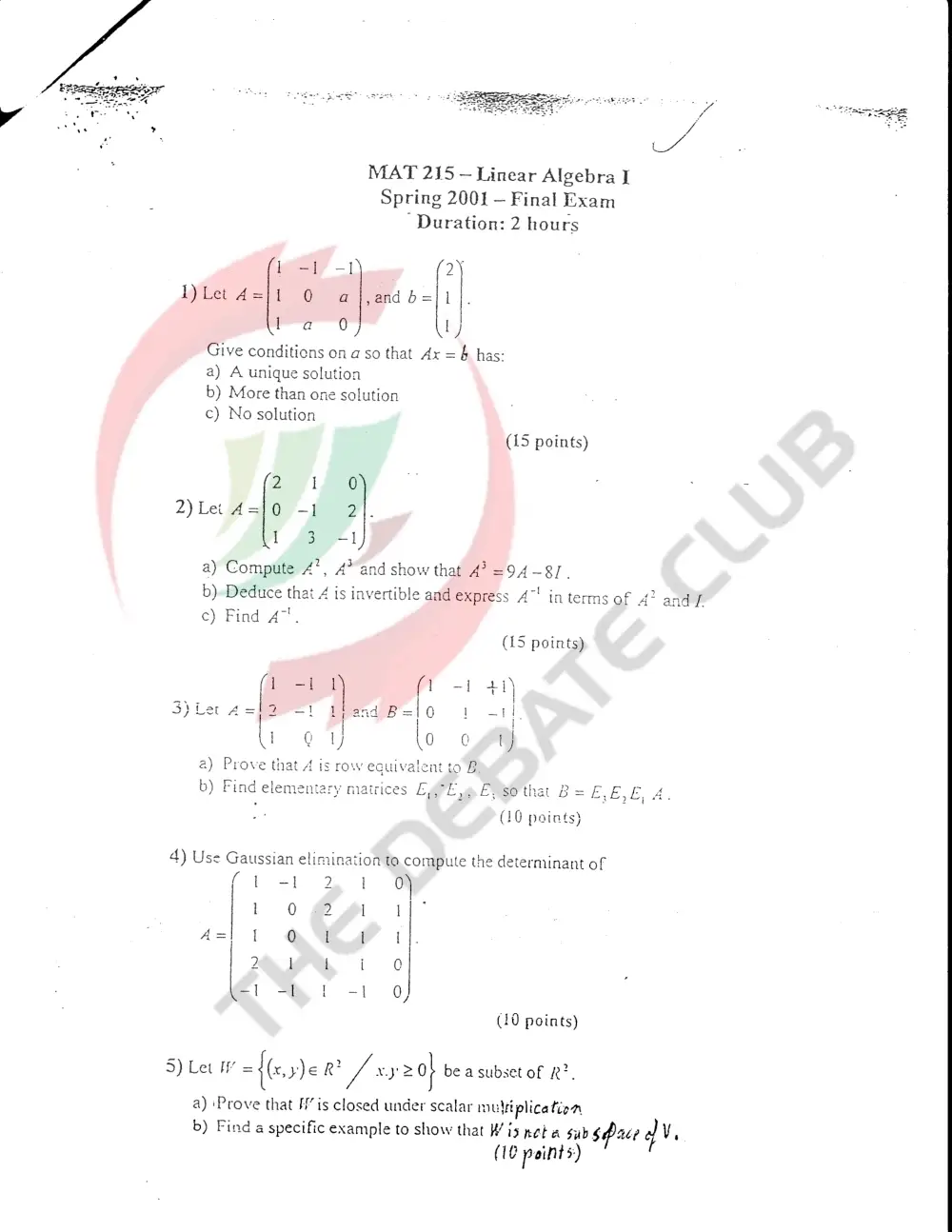 MAT 215 Final, Spring 2001, page 1