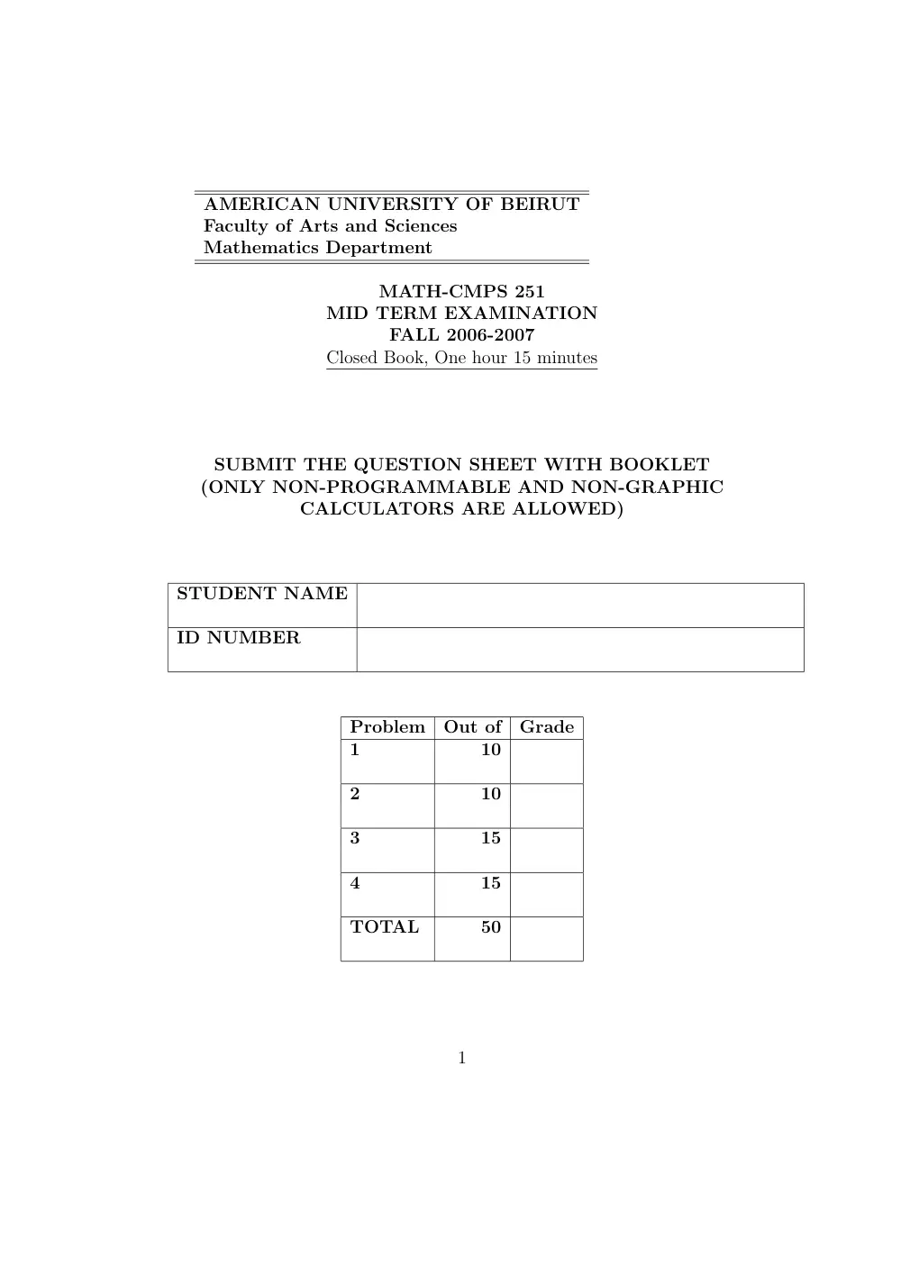 MATH 251 Midterm, Fall 2006, page 1