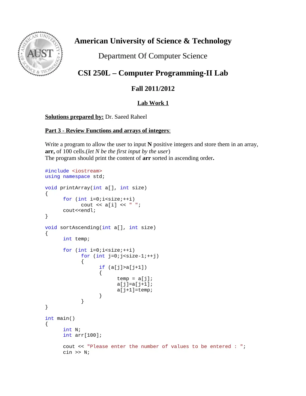 CSI 250L Lab 1 Solution, Spring 2012, page 1