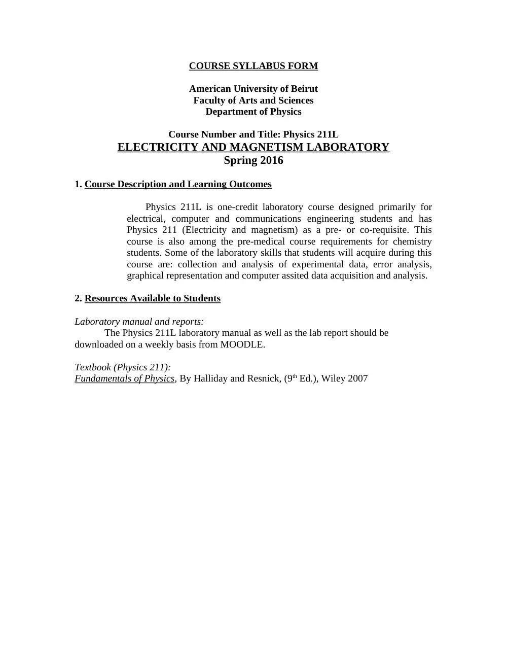 PHYS 211L Syllabus, Spring 2016, page 1