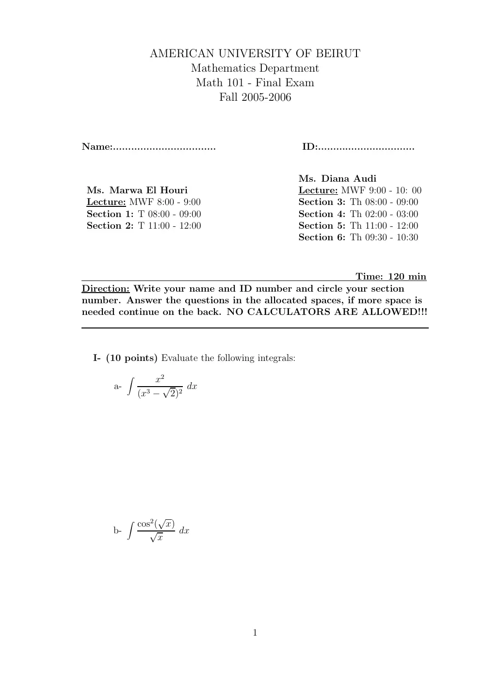 MATH 101 Final, Fall 2005, page 1