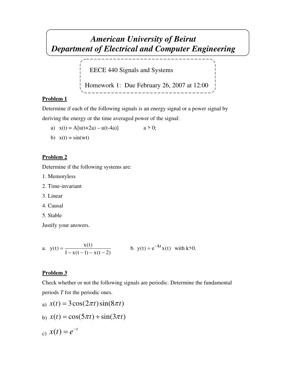 EECE 340 Homework, Fall 2007, page 1
