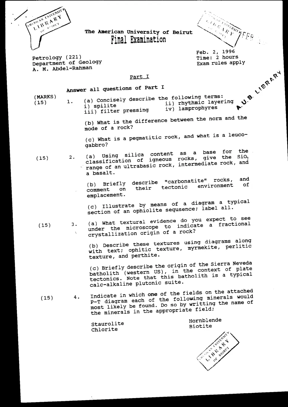 GEOL 221 Final, Fall 1995, page 1