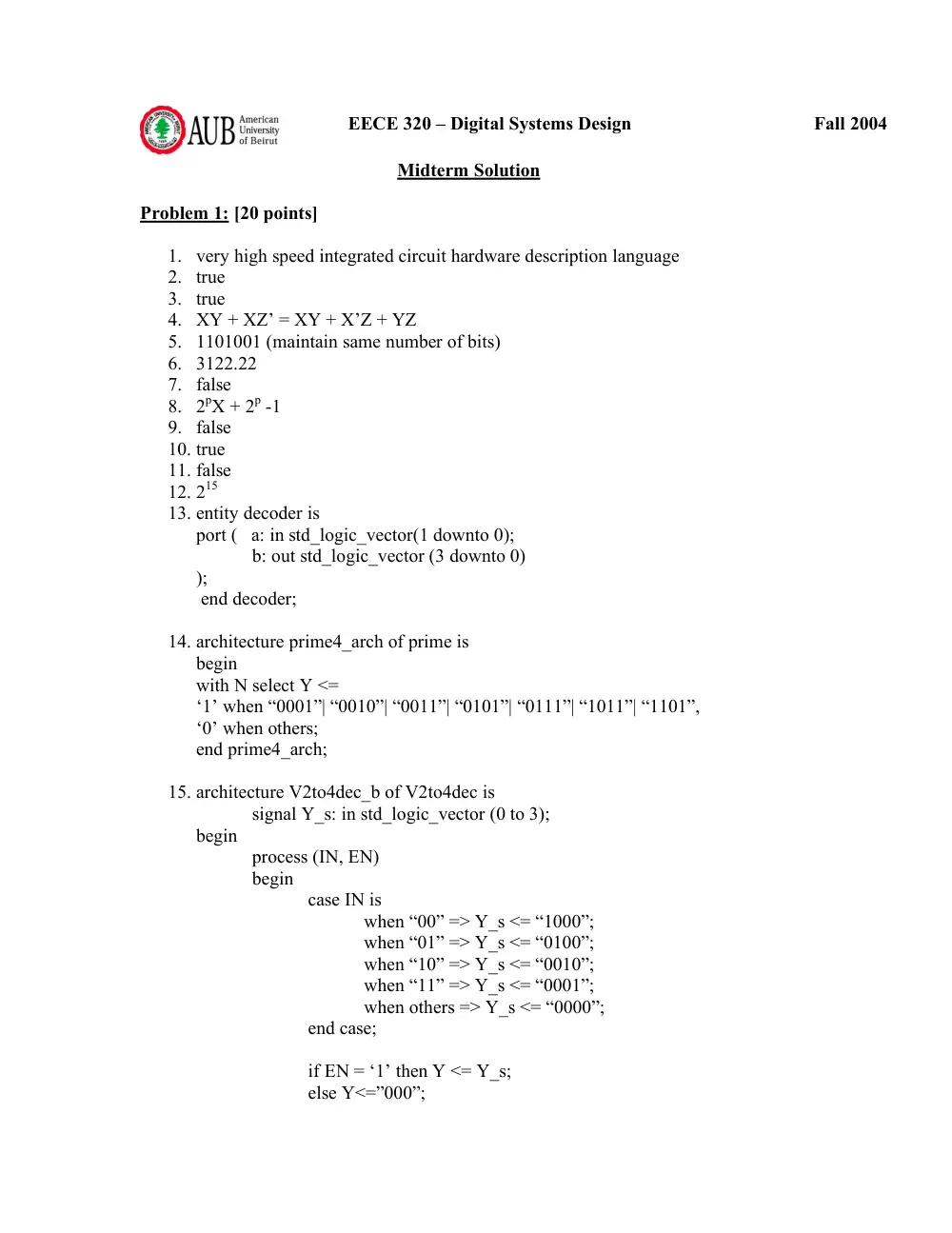 EECE 320 Midterm Solution, Fall 2004, page 1