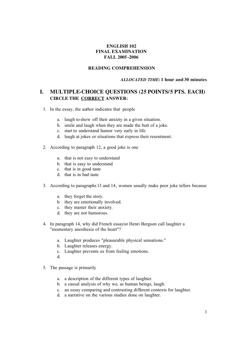ENG 102 Final, Fall 2005, page 1