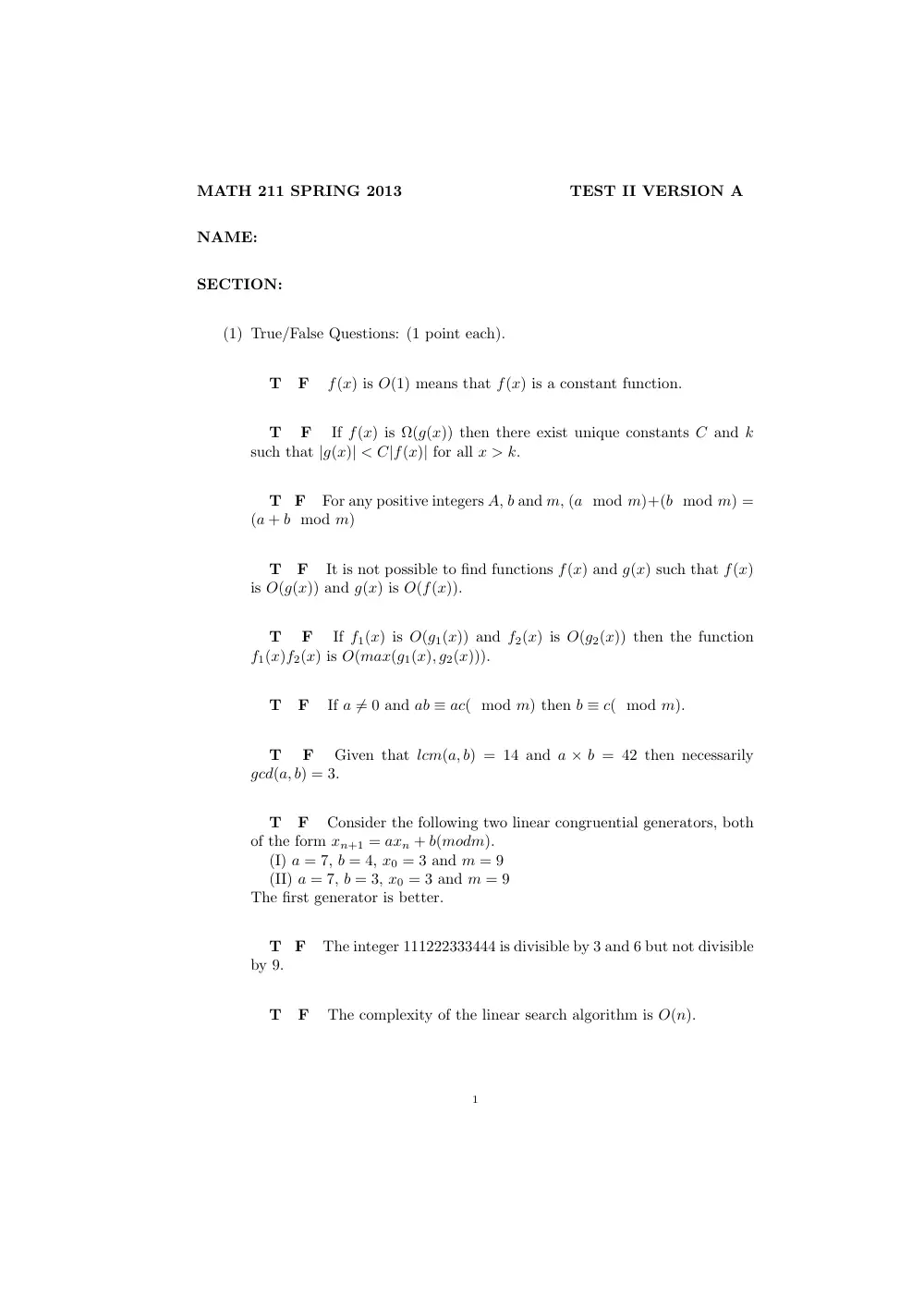 MATH 211 Exam 2, Spring 2013, page 1