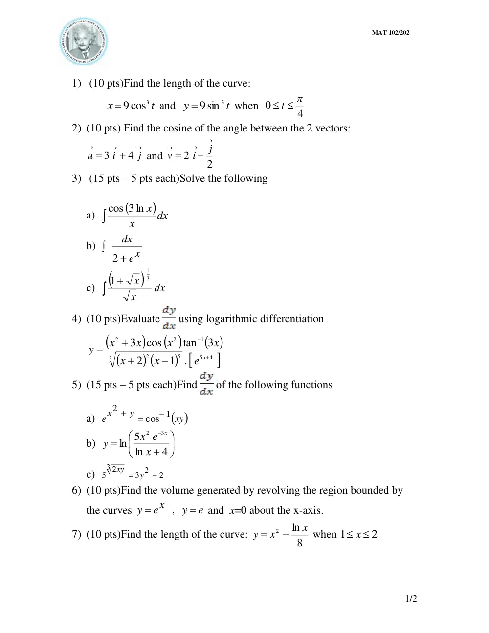 MAT 202 Midterm, Fall 2009, page 1