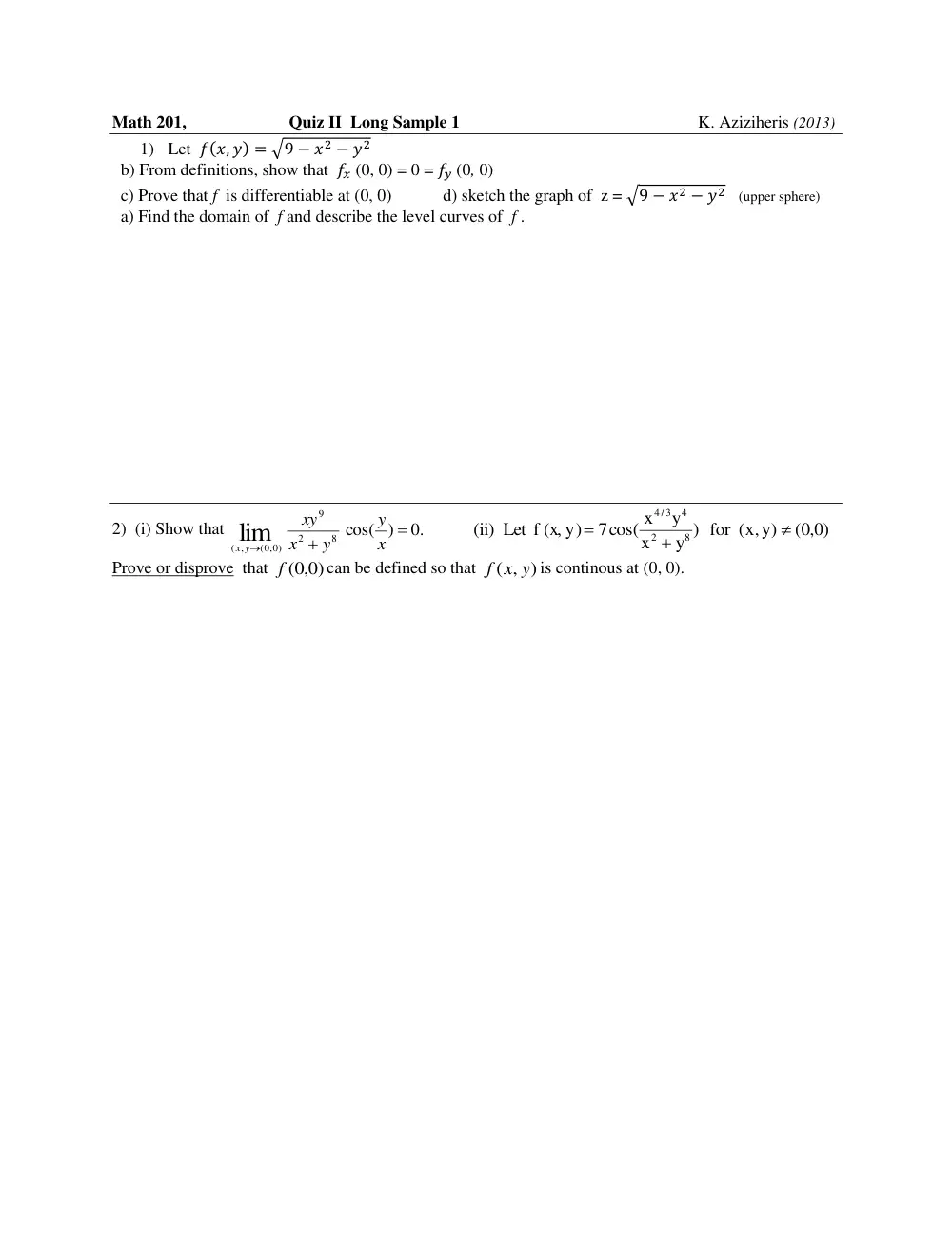MATH 201 Exam 2 Sample, Fall 2013, page 1