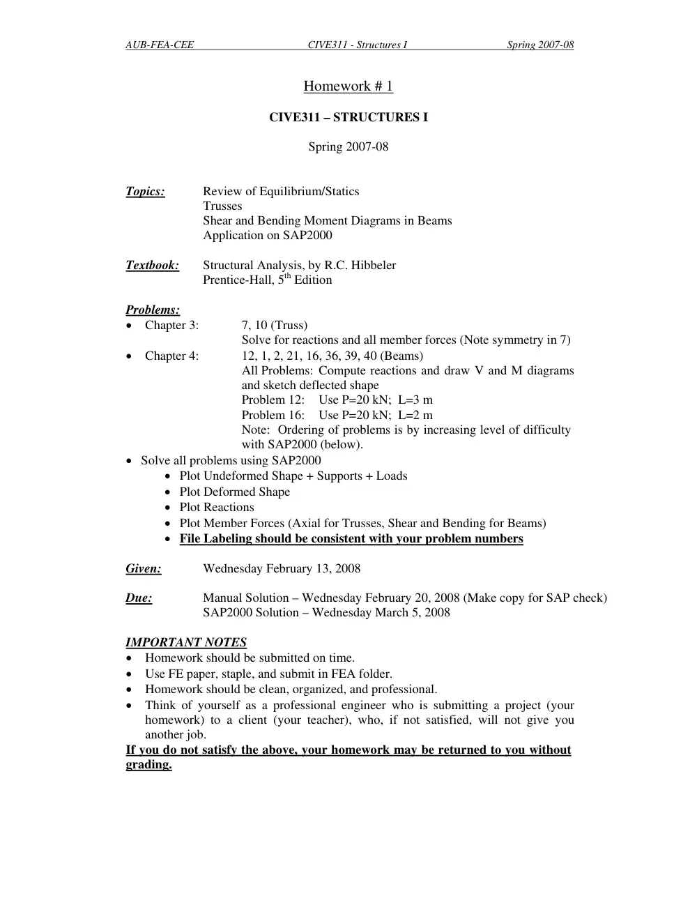 CIVE 311 Homework, Fall 2007, page 1