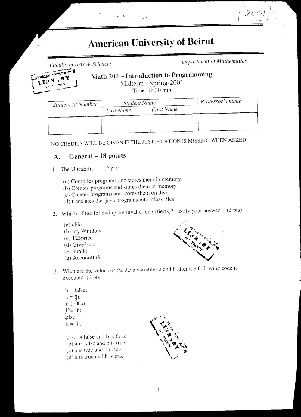 CMPS 200 Midterm, Spring 2001, page 1