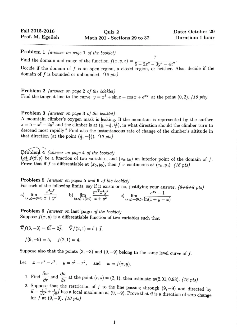 MATH 201 Exam 2, Fall 2015, page 1