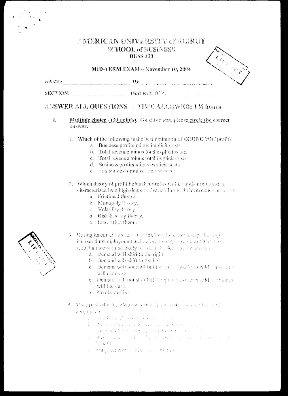 BUSS 230 Midterm, Fall 2005, page 1