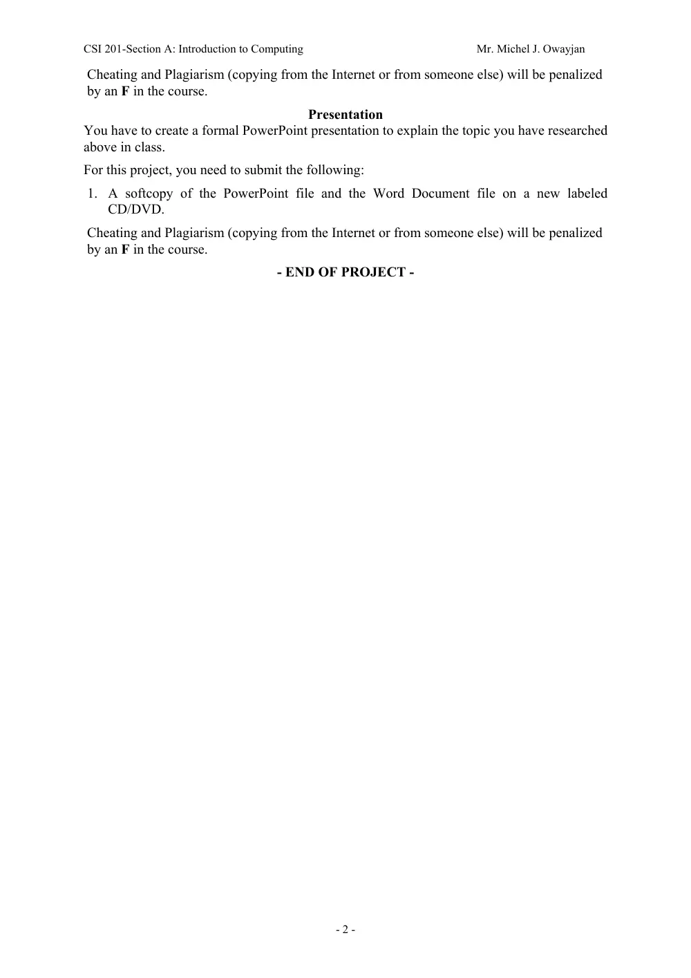 CSI 201 Project, Spring 2011, page 2