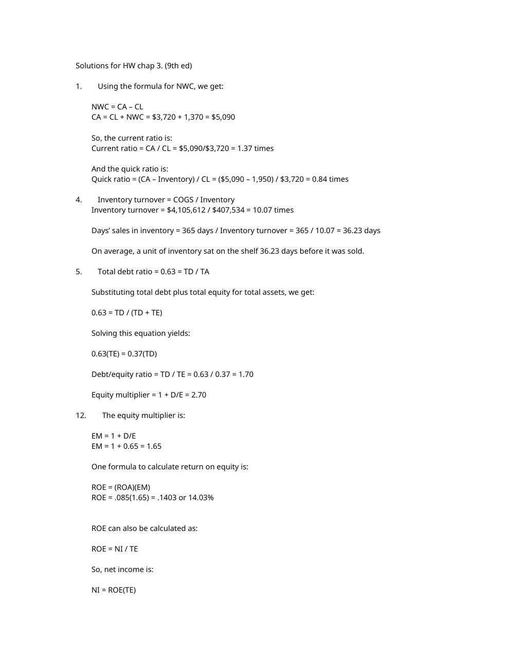 FINA 210 Problems Solution Manual 9th Ed, Spring 2011, page 1