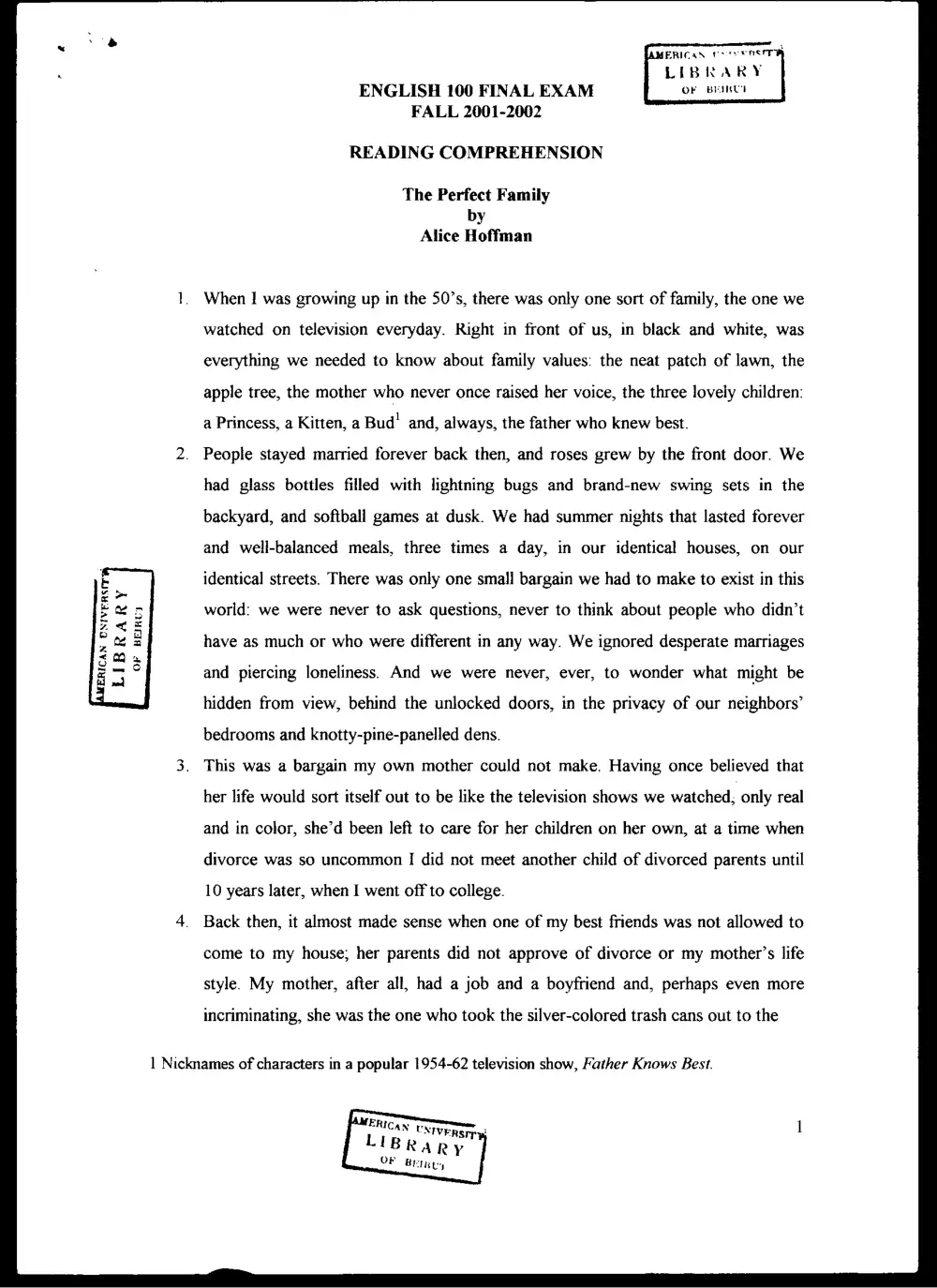 ENG 100 Final, Fall 2001, page 1
