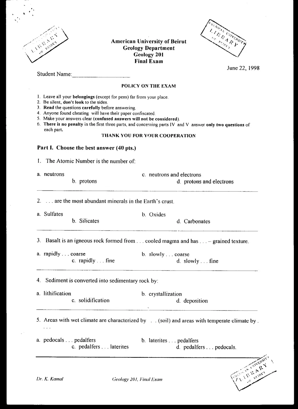 GEOL 201 Final, Spring 1998, page 1