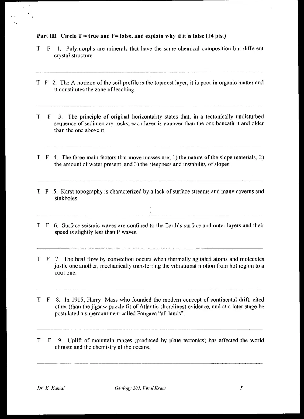 GEOL 201 Final, Spring 1998, page 5