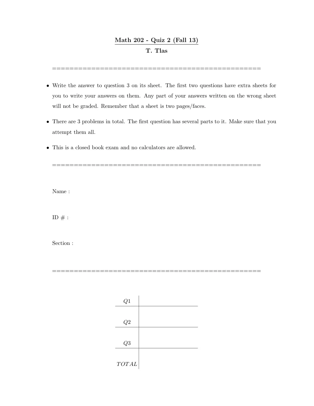 MATH 202 Exam 2, Fall 2013, page 1