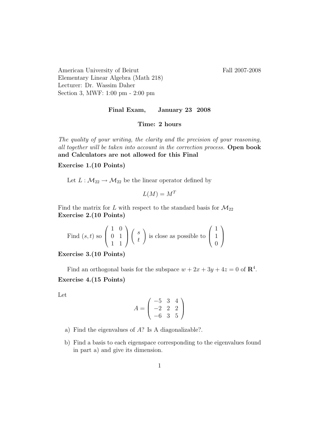 MATH 218 Final, Fall 2007, page 1