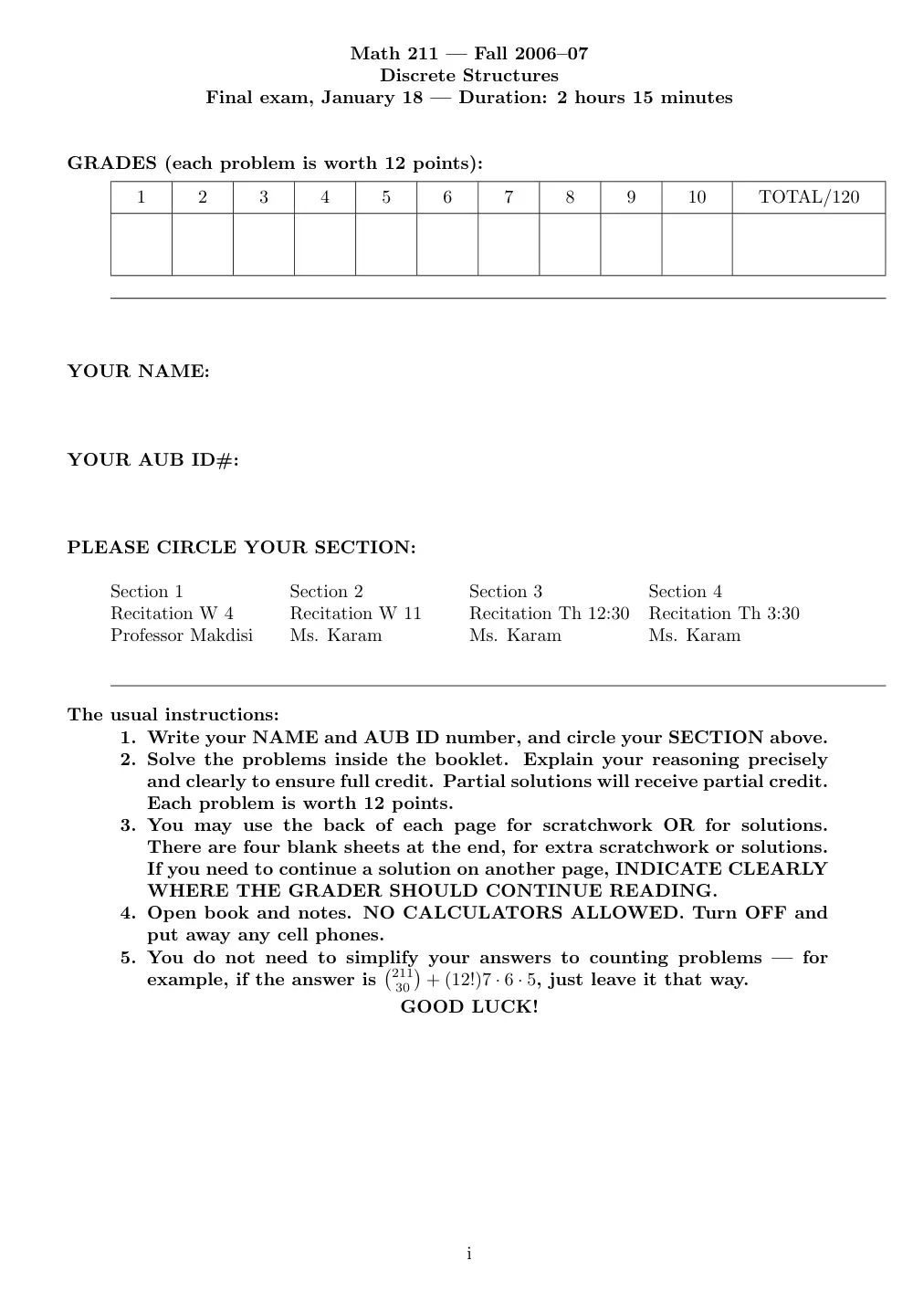 MATH 211 Final, Fall 2006, page 1