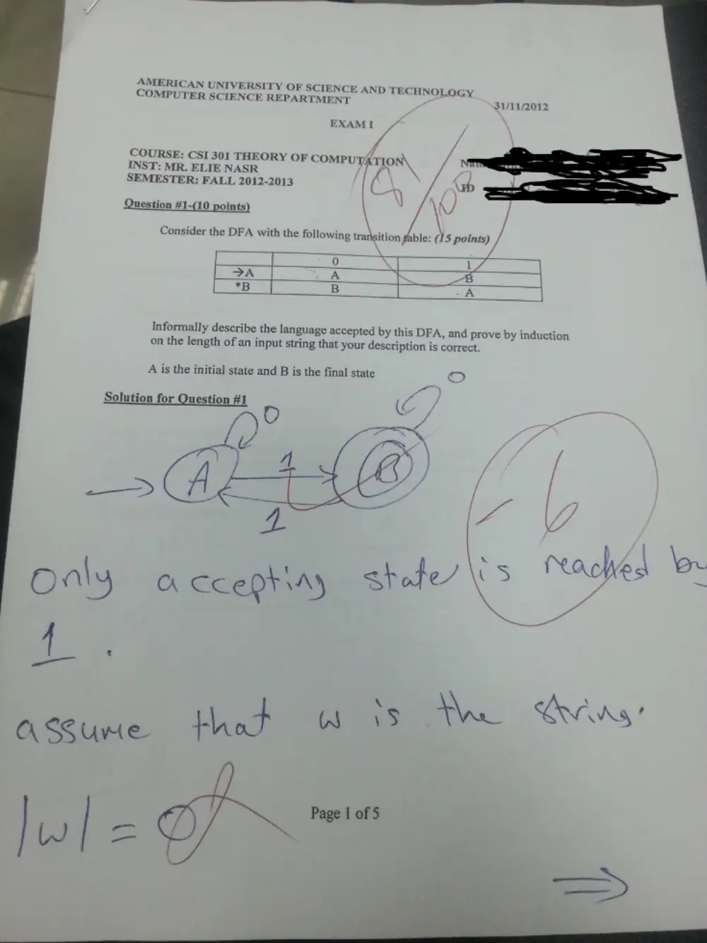 CSI 301 Exam 1 With Solution, Fall 2012, page 1