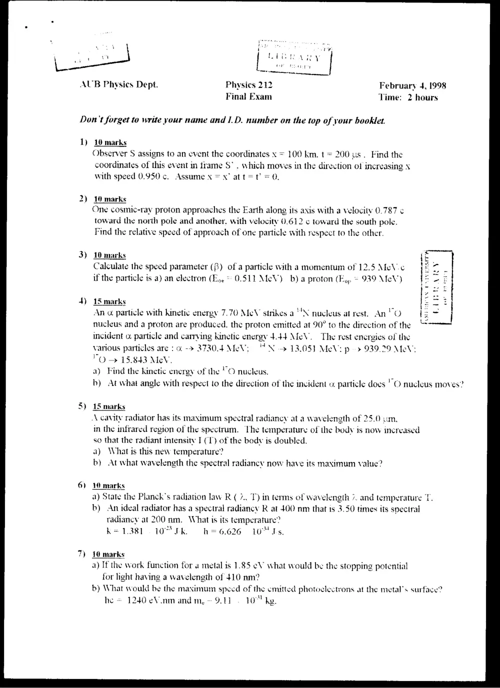 PHYS 212 Final, Fall 1997, page 1