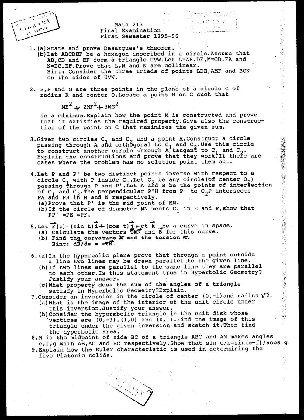 MATH 213 Final, Fall 1995, page 1