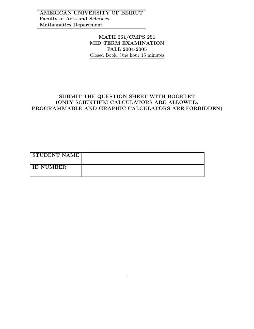 MATH 251 Midterm, Fall 2004, page 1